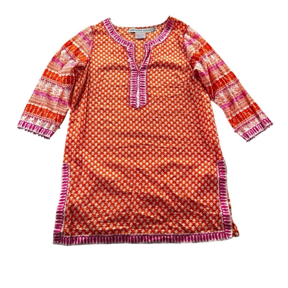Gretchen Scott Tunic Top Womens Small Orange Pink Geometric Tile Beaded Bib 3/4